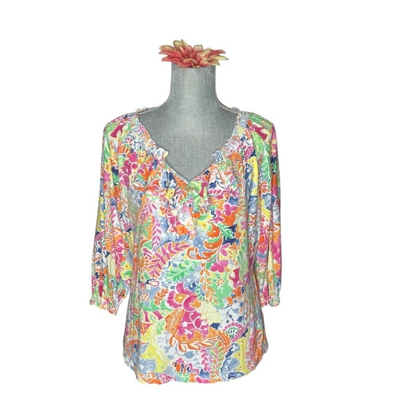 Lauren Ralph Lauren Ruffle V Neck Top Shirt Large Bright Multicolor - Picture 2 of 13